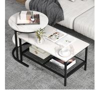 GIANTEX 2 Tables Basses Gigognes-Table Salon Rectangulaire+Table d'Appoint Ronde à 2 Etages- en Effet Marbre-Cadre en Métal-Noir