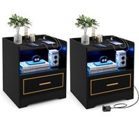 GIANTEX 2 Tables de Chevet LED-avec Tiroir+Station de Charge (Type-C+USB)-3 Couleurs et Luminosité Réglables-Table d'Appoint Noir