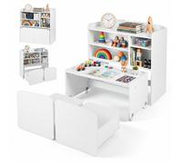 GIANTEX 3 en 1 Bibliotheque Enfant avec Bureau Mobile et 2 Chaises Meuble de Rangement Étagères Réglables 90 x 40 x 94 cm Blanc