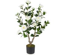 GIANTEX Arbre de camélia artificiel de 90 cm, plante artificielle avec 16 fleurs de camélia rose en tissu, tronc en bois massif, plante décorative en pot pour restaurant, bureau (blanc)