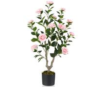 GIANTEX Arbre de camélia artificiel de 90 cm, plante artificielle avec 16 fleurs de camélia rose en tissu, tronc en bois massif, plante décorative en pot pour restaurant, bureau (rose)