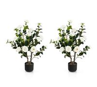 GIANTEX Arbre de camélia artificiel, plantes réalistes à fleurs en pot, plantes à fleurs simulées, décoration adaptée pour magasin, maison, bureau (blanc)