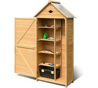 Armoire de Rangement Jardin en Bois 80x45x177CM COSTWAY-5 Etagère-Toit en Tôle Galvanisée-Porte avec 2 Loquets-Armoire à Outils