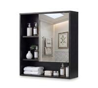 GIANTEX Armoire Murale Salle de Bain avec Miroir, Meuble Haut Salle de Bain avec Placard et 3 Étagères Ouvertes, Meuble WC Suspendu Polyvalent pour Buanderie, Entré, 56 x 16 x 61 cm (Noir)