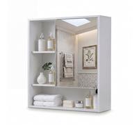 GIANTEX Armoire Murale Salle de Bain avec Miroir, Meuble Haut Salle de Bain avec Placard et 3 Étagères Ouvertes, Meuble WC Suspendu Polyvalent pour Buanderie, Entré, 56 x 16 x 61 cm (Blanc)