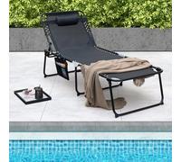 GIANTEX Bain de Soleil, Chaise Longue Jardin Exterieur, Dossier Inclinable Réglable, 2 Positions de Jambes, Poche Latérale, Charge 200 kg, Transat Jardin Exterieur pour Bord de Piscine, Porche, Noir