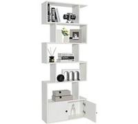 COSTWAY Bibliothèque à 6 Niveaux avec 2 Portes-70 x 23 x 183 CM-Étagère de Rangement en Bois Forme en S-Style Moderne-Blanc