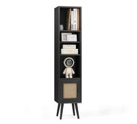 GIANTEX Bibliothèque, Armoire de Rangement avec Porte en Rotin, Étagère Réglable, Pied en Bois de Pin, 29,5 x 29,5 x 137 cm, Noir