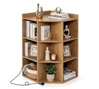 GIANTEX Bibliothèque d'angle à 3 niveaux, étagère de rangement avec 9 compartiments ouverts, 51 x 71,5 x 86 cm, avec ports de charge, bibliothèque triangulaire pour salon, studio (naturel)