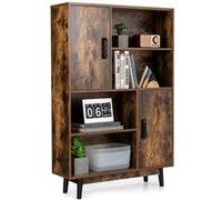 COSTWAY Bibliothèque à 4 Niveaux 80 x 24 x 119,5 CM, Meuble de Rangement avec portes, Étagères et Dispositif Anti-basculement, Café