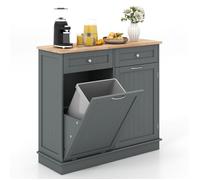 GIANTEX Buffet de Cuisine - Poubelle Dissimulée - 2 Tiroirs - Étagère Réglable - Plateau en Bois d'Hévéa - 100x35x90,5cm - Gris