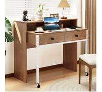 GIANTEX Bureau d’Ordinateur Extensible - 2 Roulettes - 2 Tiroirs - 2 Plateaux - 100x63x88 cm - Salon, Bureau - Naturel