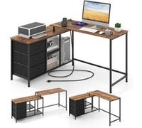 COSTWAY Bureau d'Angle Convertible avec Prise de Courant, 3 Tiroirs en Tissu et Étagères en Maille Métallique, Marron
