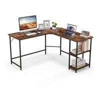 GIANTEX Bureau d'Ordinateur en L - Bureau d'Angle - Étagère Amovible - Cadre en métal - Style Industriel - 138x138x75 cm - Café
