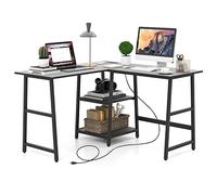 GIANTEX Bureau en Forme L de 120 cm, Bureau d'angle avec Prises et Ports USB, Cadre en Métal, Poste de Travail à Domicile avec Etagère à 2 Niveaux, pour Chambre, Salle d'Étude (Noir)