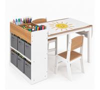 GIANTEX Bureau Enfant avec 2 Chaises Pieds en Pin Table à Dessin avec Rouleau de Papier Bibliothèque 6 Bacs en Tissu pour 3-6 Ans