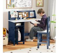 GIANTEX Bureau Enfant avec Chaise-90x45x86CM-1 Armoire à Porte+Bibliothèque Dessus+Tableau d'Affichage-Bleu