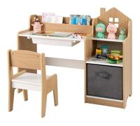 GIANTEX Bureau Enfant avec Chaise-94x40x76 5CM-1 Boîte de Rangement+1 Tiroir en Tissu+Étagère+Bibliothèque Dessus-Naturel