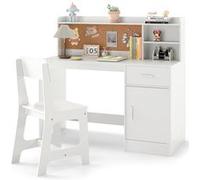 COSTWAY Ensemble Bureau et Chaise d'Étude pour Enfants 3+ Ans avec Étagères, Tiroir, Tableau en liège, Blanc