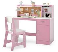 COSTWAY Ensemble Bureau et Chaise d'Étude pour Enfants 3+ Ans avec Étagères, Tiroir, Tableau en liège, Rose