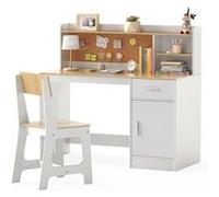 COSTWAY Ensemble Bureau et Chaise d'Étude pour Enfants 3+ Ans avec Étagères, Tiroir, Tableau en liège, Naturel