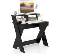 GIANTEX Bureau Informatique avec Tiroir et Etagère Surélevée- Table avec Repose-Pieds- Cadre en Forme de X- 90 x 61 x 94 cm- Noir