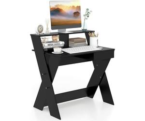 GIANTEX Bureau Informatique avec Tiroir et Etagère Surélevée- Table avec Repose-Pieds- Cadre en Forme de X- 90 x 61 x 94 cm- Noir