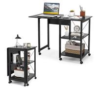 Giantex Bureau Pliable Intérieur à 3 Niveaux, Table Ordinateur Portable avec 2 Étagères de Rangement et 6 roulettes Universelles 3 Verrouillables, Table de Travail Compact et Peu Encombrant (Noir)