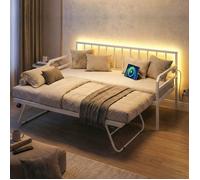 GIANTEX Cadre de Lit Simple en Métal avec Lit Gigogne- Station de Charge- Lumières LED- Lattes en Métal- Roulettes avec Freins-Blanc
