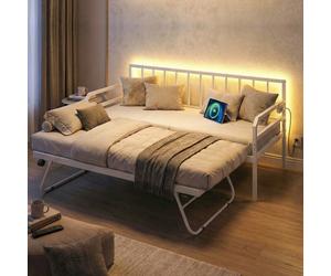 GIANTEX Cadre de Lit Simple en Métal avec Lit Gigogne- Station de Charge- Lumières LED- Lattes en Métal- Roulettes avec Freins-Blanc