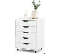 GIANTEX Caisson de Bureau 5 Tiroirs à Roulettes- Commode Meuble de Rangement- Support d'Imprimante- 49,5 x 42 x 67cm- Blanc