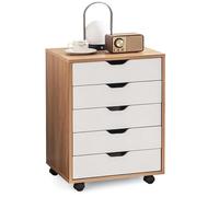 GIANTEX Caisson de Bureau 5 Tiroirs à Roulettes-Commode Meuble de Rangement-Support d'Imprimante-49x 40x 65cm-Blanc+ Naturel