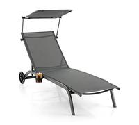 GIANTEX Chaise Longue avec Pare-Soleil, Transat de Relaxation avec Dossier Réglable en 6 Positions, Chaise Longue Inclinable avec roulettes et Porte-Gobelet, pour Piscine, Jardin, Terrasse (Gris)