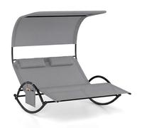 GIANTEX Chaise Longue de Jardin à Bascule pour 2 Personne, Poche Latérale, Transat Double à Bascule, Charge 300 kg, Auvent Pare-Soleil, 2 Oreillers Amovibles, Cadre en Métal, pour Jardin, Balcon, Gris