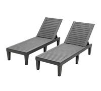 GIANTEX Chaise Longue de Jardin Lot de 2 Effet Bois, Transat en Plastique avec Dossier Réglable sur 5 Positions, Bain de Soleil pour Terrasse, Charge 180 kg, Chaise de Plage, 190x57,5x29 cm (2,Gris)