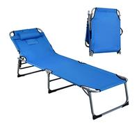 GIANTEX Chaise Longue Pliante avec Trou de Lecture, Transat Bain de Soleil Inclinable Ergonomie Oreiller Amovible 5 Positions Réglables, Transat de Jardin pour Jardin, Piscine, Terrasse (Bleu)