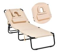 GIANTEX Chaise Longue Pliante pour Bronzage, Charge 160 kg, Dossier Réglable à 5 Positions, Repose-Pieds à 2 Positions, Bain de Soleil, Trou pour Visage, Transat Jardin pour Piscine, Plage, Beige