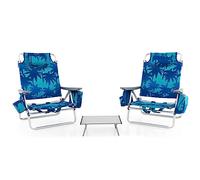 Giantex Chaises de Plage Pliable 3 Pcs, Chaises de Camping 5 Positions avec Dossier Haut et Table Enroulable, Chaise de Jardin Inclinables Charge 136 KG(Bleu foncé)