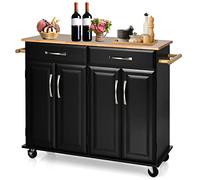 GIANTEX Chariot de cuisine avec plan de travail, chariot de service avec roulettes, armoire de cuisine avec 2 tiroirs, 2 porte-serviettes et 4 portes, îlot de cuisine avec étagères réglables, chariot