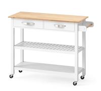 GIANTEX Chariot de Cuisine avec Roues, Chariot de Service, Plan de Travail en Bois de Caoutchouc, 2 Tiroirs, 2 Étagères, Îlot de Cuisine à 3 Niveaux pour Salon, Bar, 116 x 43 x 89 cm (Blanc)