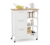 GIANTEX Chariot d'îlot de Cuisine Roulant, Chariot de Service à 4 Niveaux avec Dessus en Bois d'Hévéa, 3 Grands Tiroirs, Roulettes Verrouillables, Convient pour la Cuisine et la Salle à Manger (Blanc)
