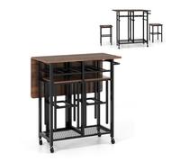 GIANTEX Chariot mobile avec table pliante carrée pliable 3 pièces avec étagère à vin, étagère inférieure et poignée coulissante, 2 tabourets et roues verrouillables (noyer) MY44563ES