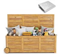 GIANTEX Coffre de Jardin Exterieur en Bois d'Acacia, 127x50x45cm, 182 L | Coffre de Rangement Exterieur avec Roulettes et Poignée, Housse imperméable 2 en 1, Charge Max 150kg pour Jardin, Terrasse