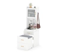 GIANTEX Coiffeuse 3 en 1 avec Miroir Rabattable, Prise Électrique, Table de Maquillage avec Tabouret Rembourré à roulettes, 2 Crochets & 2 Tiroirs, Armoire, Compartiment Ouvert, Gain de Place, Blanc