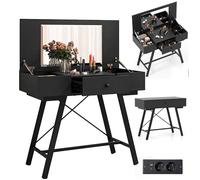 GIANTEX Coiffeuse avec Miroir et Plateau Rabattable, Station de Charge, Tiroir, 6 Compartiments de Rangement, 96,5x46,5x80,5cm,