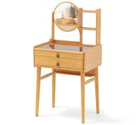 Giantex Coiffeuse avec Miroir Pivotant à 360°, Plateau en Verre Trempé, Étagères Ouvertes et 2 Tiroirs, Table de Maquillage en Bambou, Coiffeuse Gain de Place pour Chambre, Salon, Dressing, Naturel