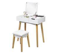 GIANTEX Coiffeuse avec Tabouret et Miroir Rabattable,Coiffeuse en Bois avec Tiroir,Facile à Monter pour Chambre,Salle de Bain,Blanc
