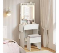 GIANTEX Coiffeuse avec Tabouret- Miroir- Éclairage Réglable- Station de Charge- Table de Maquillage- Tiroir- Étagère Ouvert- Blanc