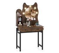 GIANTEX Coiffeuse en Forme Chat avec 5 Ampoules LED de 3 Couleurs, Coiffeuse avec Miroir, 2 Tiroirs, 3 Étagères, Prise Intégrée, Anti-Basculement, Table de Maquillage pour Chambre, Marron