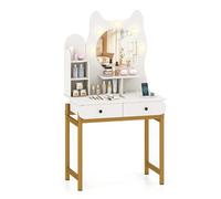 GIANTEX Coiffeuse en Forme Chat avec 5 Ampoules LED de 3 Couleurs, Coiffeuse avec Miroir, 2 Tiroirs, 3 Étagères, Prise Intégrée, Anti-Basculement, Table de Maquillage pour Chambre, Blanc